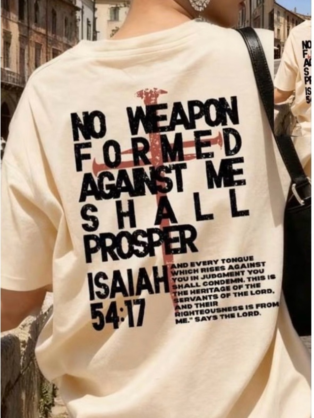 SHEIN Cream Graphic Tee with Black Typography and Cross